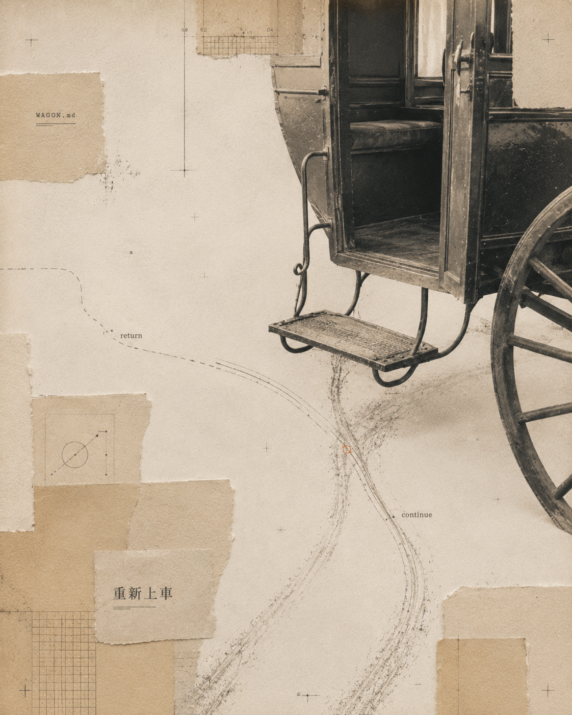 Editorial collage of a carriage step and return path